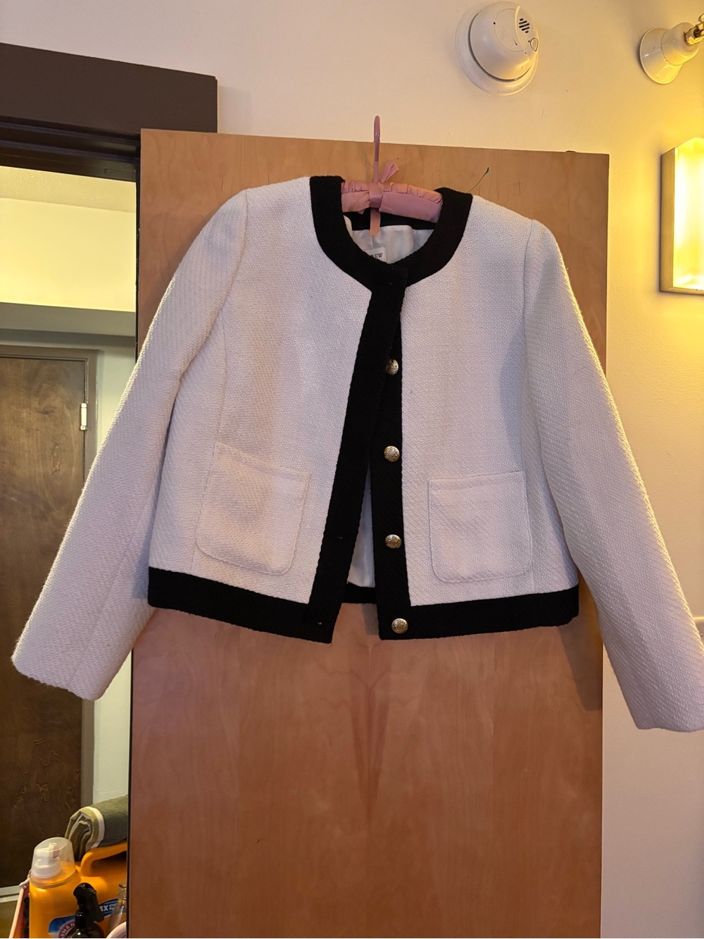 J. Crew Cream Bouclé Jacket with Black Trim and Gold Buttons